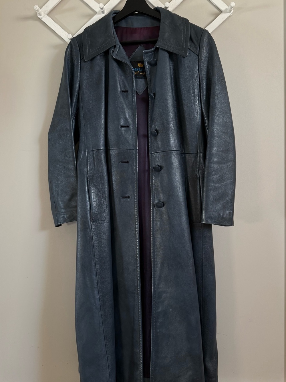 Vintage Genuine Leather Long Cool Dark Blue Belted Trench Coat Jacket - Picture 4 of 11